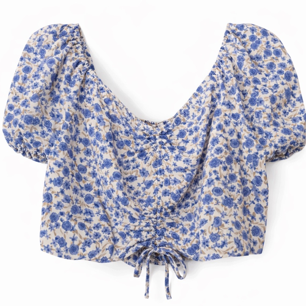 Rabbit Rose Crop top blue white floral size S puff sleeves